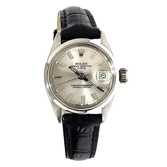 (Sale) Rolex Ladies 26mm Datejust steel Silver Stick on Black Leather Strap main image 4